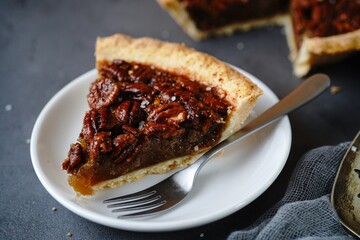 Homemade Pecan Pie - Thanksgiving holiday dessert, selective focus