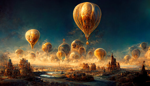 Hot Air Balloon Over City