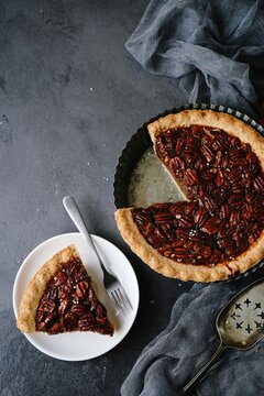 Homemade Pecan Pie - Thanksgiving holiday dessert, selective focus