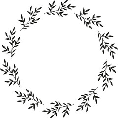 Round frame with creative black branches on white background. Vector image.