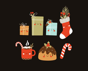 Christmas vector set with cute smiling characters. A candy cane, cake, gifts, socks, and a cup of hot chocolate.