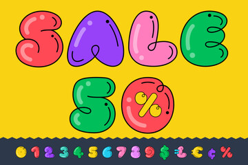 Web banner with Sale lettering and numbers set in funny bold childish style.