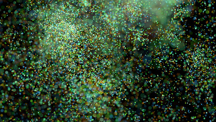 3D rendering of cluster of dust particles or debris with bokeh on black background.