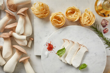 King Oyster mushrooms or Eringi in a bowl and pasta on a white marble.  Flat lay.