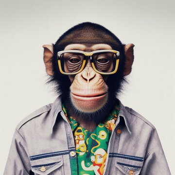 Realistic funky cool chimpanzee model, monkey, an ape wearing cloth and glasses, fashion photography style  digital 3D illustration Original concept 