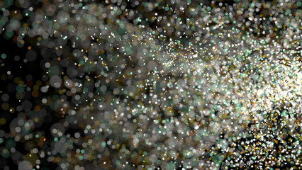 3D rendering of cluster of dust particles or debris with bokeh on black background.