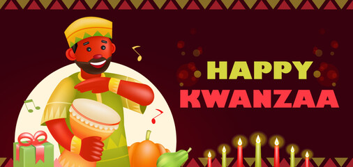 Happy Kwanzaa, 3d illustration of african man playing traditional drum
