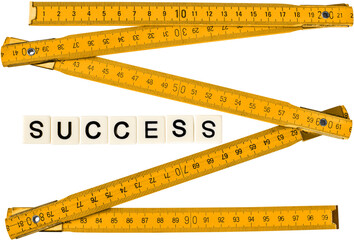 Yellow measuring tape with word success isolated on white background