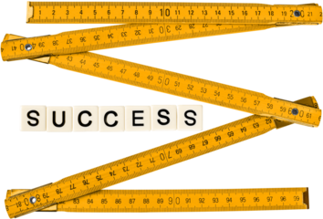 Yellow measuring tape with word success isolated on white background