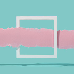 Torn pink paper strip going through white square frame. Retro copy space background