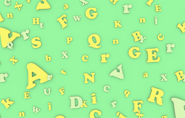 English letters of the alphabet are yellow on a  green background	
