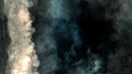 Side frame of blue smoke with fire - abstract 3D rendering