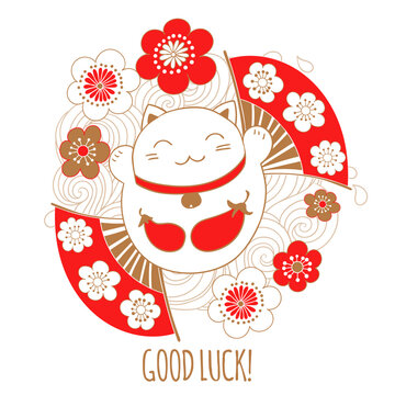 Cute card with white cat - a talisman, bringing luck, maneki neko. On the belly painted eggplant seal that symbolizes the fulfillment of desires.