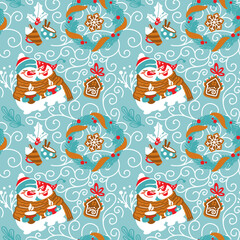 Cute couple of snowmen wrapped in a warm scarf and enjoy hot cocoa. Funny christmas print. Vector.