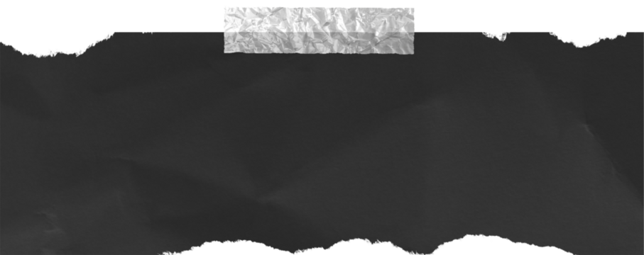 Black crumpled card with adhesive tape. Torn piece of paper with sticker.