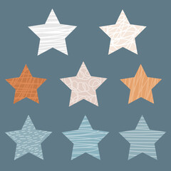 Set of stars with hand drawn textures. Vector illustration.