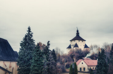View of New castle in Banska Stiavnica,Slovakia.Autumn season.