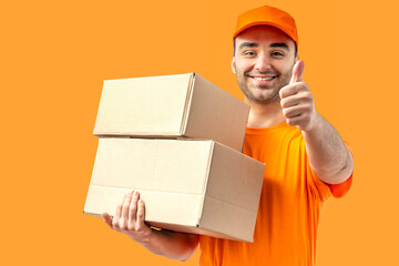 Delivery man with a box, thumb up. Courier in uniform cap and t-shirt service fast delivering orders. Young guy holding a cardboard package. Character on isolated white background for mockup design - obrazy, fototapety, plakaty