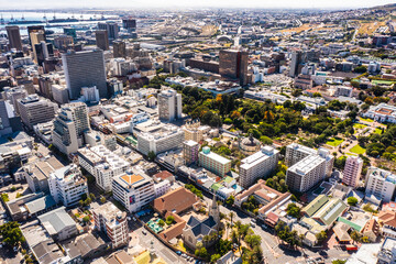 Cape Town, South Africa - November 2022, aerial view of Cape Town City Centre with St.Martini Church, Centre for the Book building, The Company's Garden and skyscrapers close to waterfront and port
