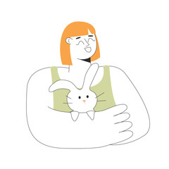 The character of a woman is smiling and holding a rabbit in her arms. Symbol of the year. Caring for animals. Vector illustration in outline style