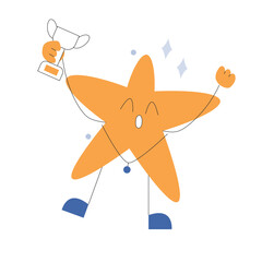 The happy character of the star is happy at the success and holds the cup in his hands. Vector illustration in flat style