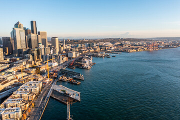 Seattle, Washington, USA - November 2022, aerial view of Seattle Downtown and the Waterfront pier...