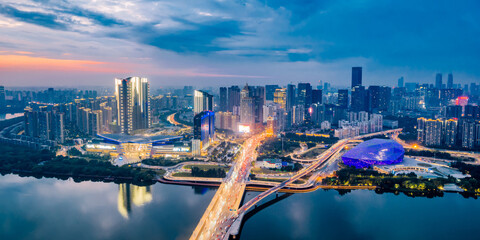 Aerial photography of the city skyline along the Hun River in Shenyang, Liaoning, China