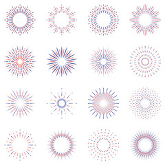Sunburst Icon Set. Sun Burst Radial Light Pictogram. Circle Abstract Sparkle of Starburst Emblem. Round Vintage Sunshine Symbol. Retro Sunbeam, Star Blast. Isolated Vector Illustration