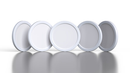 Set of 5 coins in a row with different viewing angles. High quality 3D rendering mockup suitable for designing cryptocurrency and financial concepts.