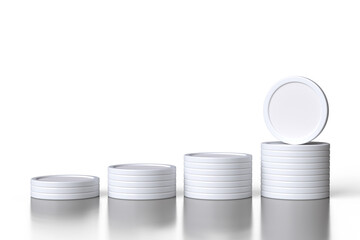 Mockup of token stacks sorted from smallest to largest. Illustration suitable for cryptocurrency or banking concepts. High quality 3D rendering.
