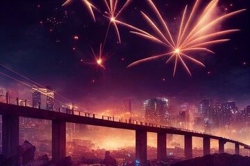 fireworks over the city, new year celebration