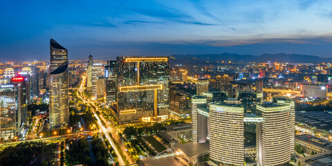 Obraz premium High angle night view of Qianjiang New Town, Hangzhou, Zhejiang, China