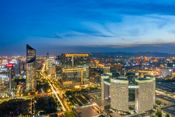 High angle night view of Qianjiang New Town, Hangzhou, Zhejiang, China