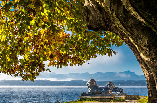 historic lion statue at the lake starnberg