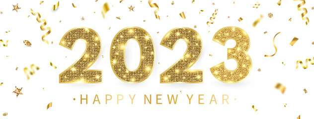 Happy New Year 2023 greeting card with light number and golden confetti. Gold and white Celebration banner. Luxury party template. Merry Christmas border with text and decor. Vector illustration