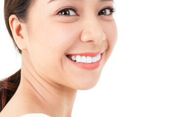 Obraz premium Beauty concept. beautiful asian woman have beautiful, clean teeth Bright, healthy skin. white background.
