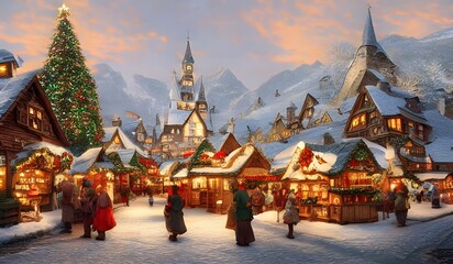 christmas market in a quaint alpine village - obrazy, fototapety, plakaty
