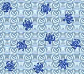 Abstract Geometric Waves Sea Turtle Silhouettes Seamless Vector Pattern Swimwear Concept Geometric Ocean Style Design