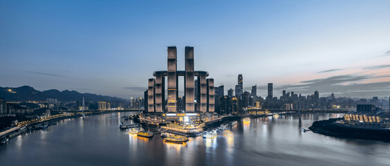 Fototapeta na wymiar High angle night view of Chaotianmen Wharf in Chongqing, China