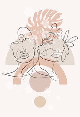 Vector portrait in minimalist style. Geometric shapes, leaves, female portrait. Hand-drawn abstract female print. Used for social media stories, beauty logos, poster illustrations.