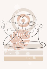 Female faces of the same line. Abstract geometric shapes. Continuous female portrait. Geometric shapes and floral elements in a modern minimalist style.