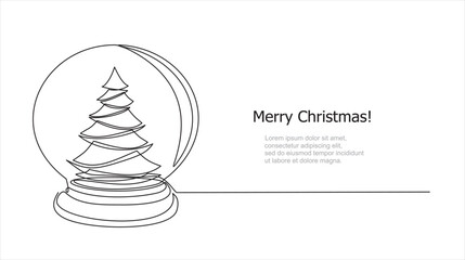 Continuous One line drawing of crystal snow globe with xmas tree. Merry Christmas concept.  Christmas card