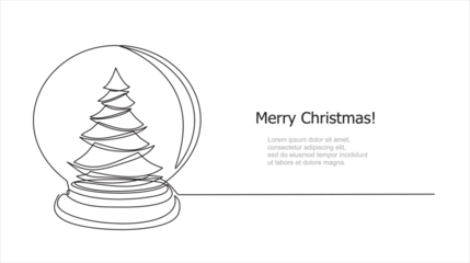 Aluminium Prints One line Continuous One line drawing of crystal snow globe with xmas tree. Merry Christmas concept.  Christmas card