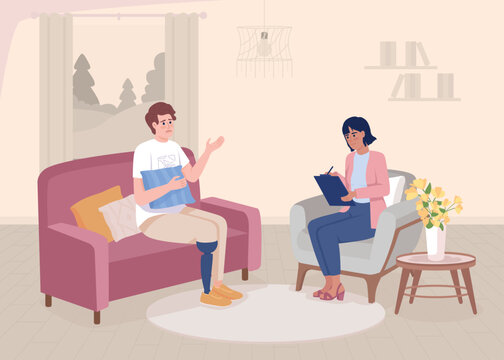 Man with leg prosthesis at psychotherapy flat color vector illustration. Disabled patients support . Recovery program. Fully editable 2D simple cartoon interior with psychologist office on background