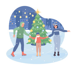 Naklejka premium Ice skating with family 2D vector isolated illustration. Holiday recreation flat characters on cartoon background. Christmastime colourful editable scene for mobile, website, presentation