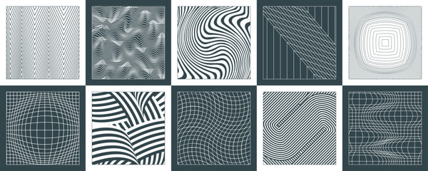 A collection of geometric backgrounds in the brutalism style of simple shapes, lines and swiss bauhaus elements