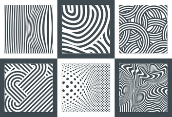 A collection of geometric backgrounds in the brutalism style of simple shapes, lines and swiss bauhaus elements