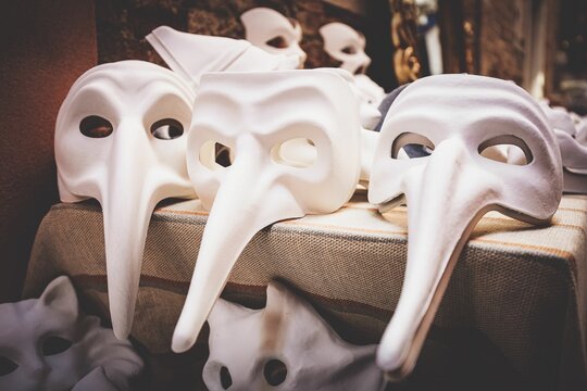 Closeup of traditional Venician masks for carnival