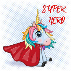 Cute unicorn character with cloak as super hero. Cartoon design illustration isolated