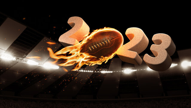 Flight of american football ball through dark evening stadium with spotlights. Concept of sport, art, energy, power. New year 2023